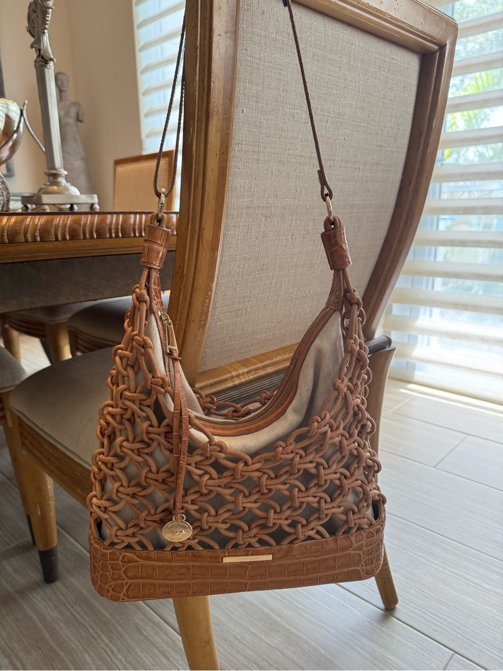 Brahmin Leather Netted Tan Shoulder Bag w/alligator trim, Good, $220.